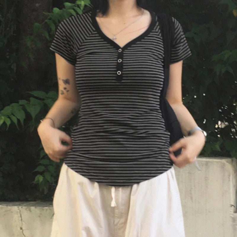Women's Summer Vintage Basic V - Neck Knitted Pullover Sweater Short Sleeve Button Detail Striped Y2K Fashion Tee Slim Fit Casual - Zeprah