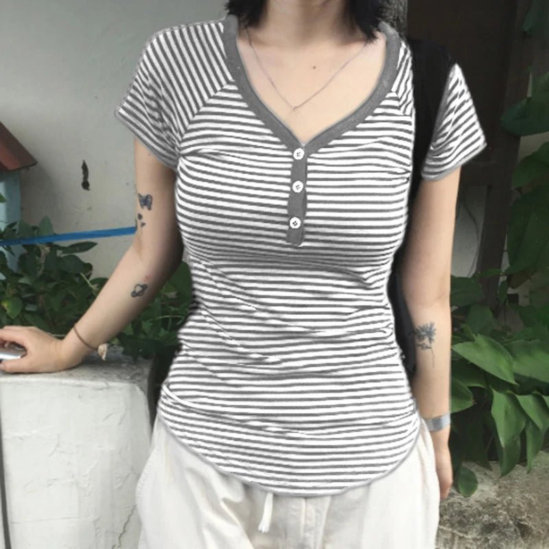 Women's Summer Vintage Basic V - Neck Knitted Pullover Sweater Short Sleeve Button Detail Striped Y2K Fashion Tee Slim Fit Casual - Zeprah
