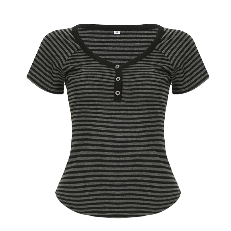 Women's Summer Vintage Basic V - Neck Knitted Pullover Sweater Short Sleeve Button Detail Striped Y2K Fashion Tee Slim Fit Casual - Zeprah