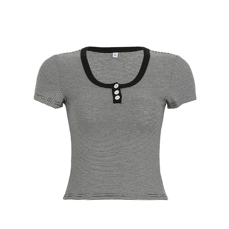 Women's Summer Vintage Basic V - Neck Knitted Pullover Sweater Short Sleeve Button Detail Striped Y2K Fashion Tee Slim Fit Casual - Zeprah