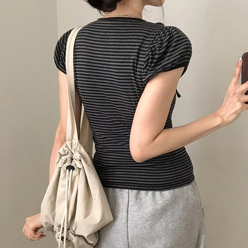 Women's Summer Vintage Basic V - Neck Knitted Pullover Sweater Short Sleeve Button Detail Striped Y2K Fashion Tee Slim Fit Casual - Zeprah