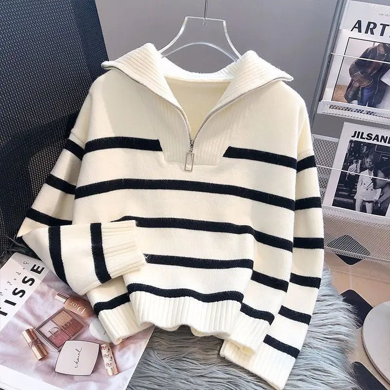 Women's Sweater Women's Autumn and Winter Clothing Thickened New Zipper Striped Knit Sweater - Zeprah