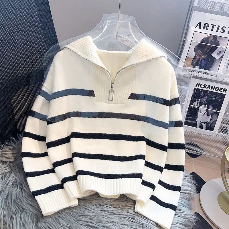 Women's Sweater Women's Autumn and Winter Clothing Thickened New Zipper Striped Knit Sweater - Zeprah