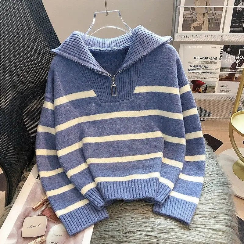 Women's Sweater Women's Autumn and Winter Clothing Thickened New Zipper Striped Knit Sweater - Zeprah
