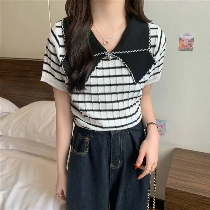 Women's Sweaters 2025 Summer New Fashionable Doll Collar Ice Silk Knitted Short Sleeved Women's T-shirt - Zeprah