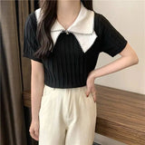 Women's Sweaters 2025 Summer New Fashionable Doll Collar Ice Silk Knitted Short Sleeved Women's T-shirt - Zeprah