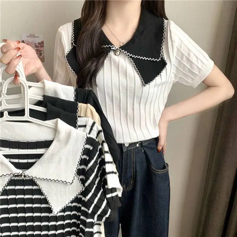 Women's Sweaters 2025 Summer New Fashionable Doll Collar Ice Silk Knitted Short Sleeved Women's T-shirt - Zeprah