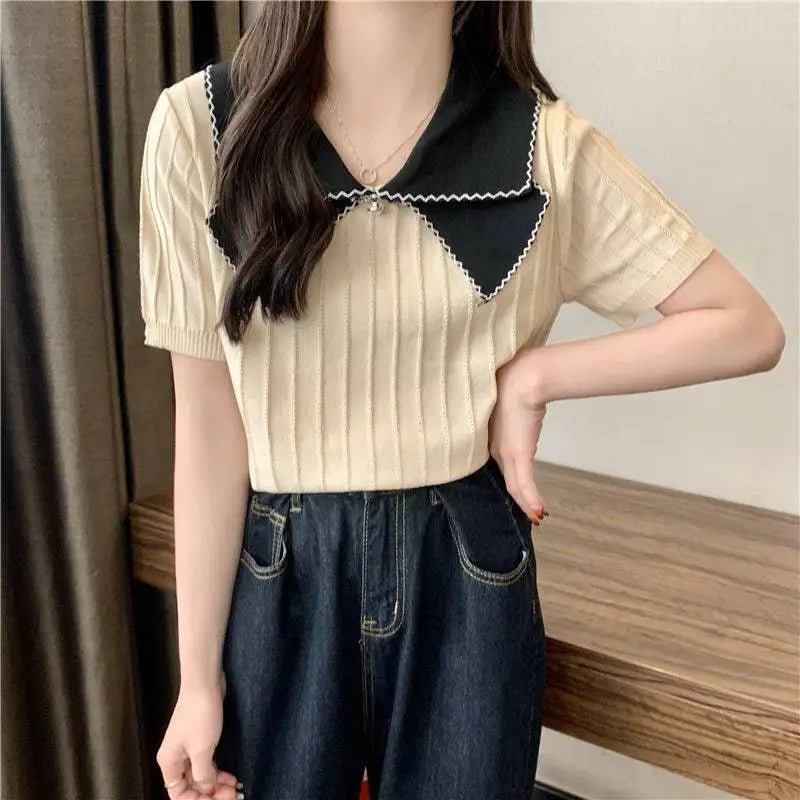 Women's Sweaters 2025 Summer New Fashionable Doll Collar Ice Silk Knitted Short Sleeved Women's T-shirt - Zeprah