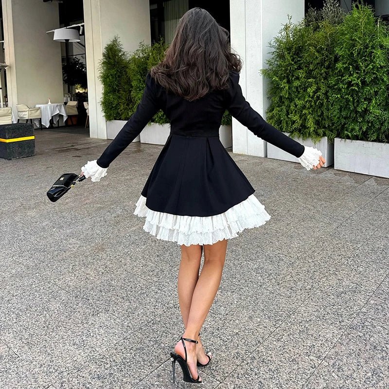 Womens Sweet Mock Two Piece Dress Two Tone Lace Trim Peplum High Neck A Line Long Sleeve Casual Dress - Zeprah