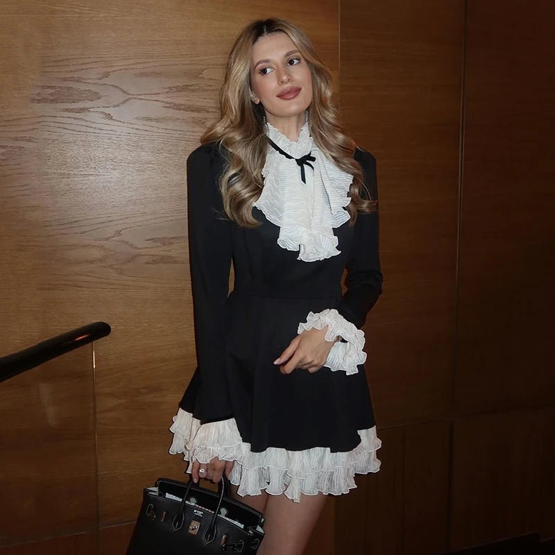 Womens Sweet Mock Two Piece Dress Two Tone Lace Trim Peplum High Neck A Line Long Sleeve Casual Dress - Zeprah