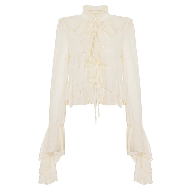 Women's Sweet Solid Woven Chiffon Blouse with Hubble - Bubble Sleeves and Lace Detail for Daily Life - Zeprah