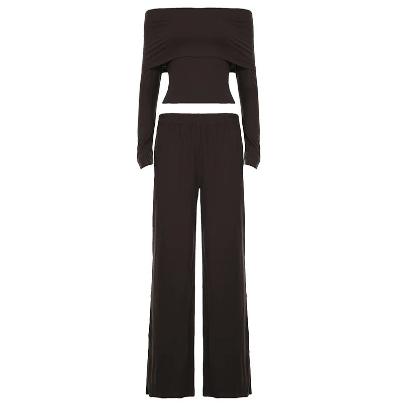 Women's Tailored Off - Shoulder 2 - Piece Set Sexy Long Sleeve Crop Top Pleated High - Waist Pants Breathable Casual for Wear - Zeprah