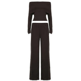 Women's Tailored Off - Shoulder 2 - Piece Set Sexy Long Sleeve Crop Top Pleated High - Waist Pants Breathable Casual for Wear - Zeprah