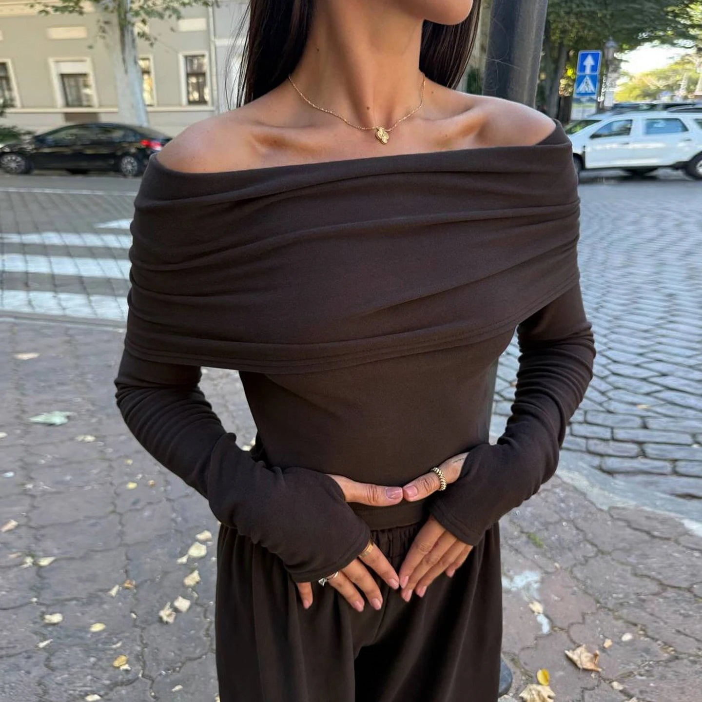 Women's Tailored Off - Shoulder 2 - Piece Set Sexy Long Sleeve Crop Top Pleated High - Waist Pants Breathable Casual for Wear - Zeprah