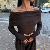 Women's Tailored Off - Shoulder 2 - Piece Set Sexy Long Sleeve Crop Top Pleated High - Waist Pants Breathable Casual for Wear - Zeprah
