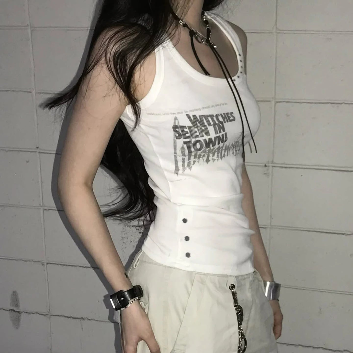 Women's Tank Top Gothic Print Patchwork Rivet Lace Front Knit V - neck Sleeveless Short Dance Casual Fashion Pullover - Zeprah
