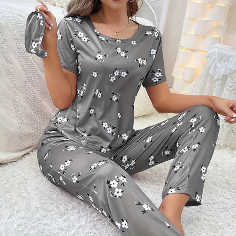 Women's Three - Piece Pajama Set Elastic Waist Full Print Milk Silk Short Sleeve Long Pants Neck - Zeprah