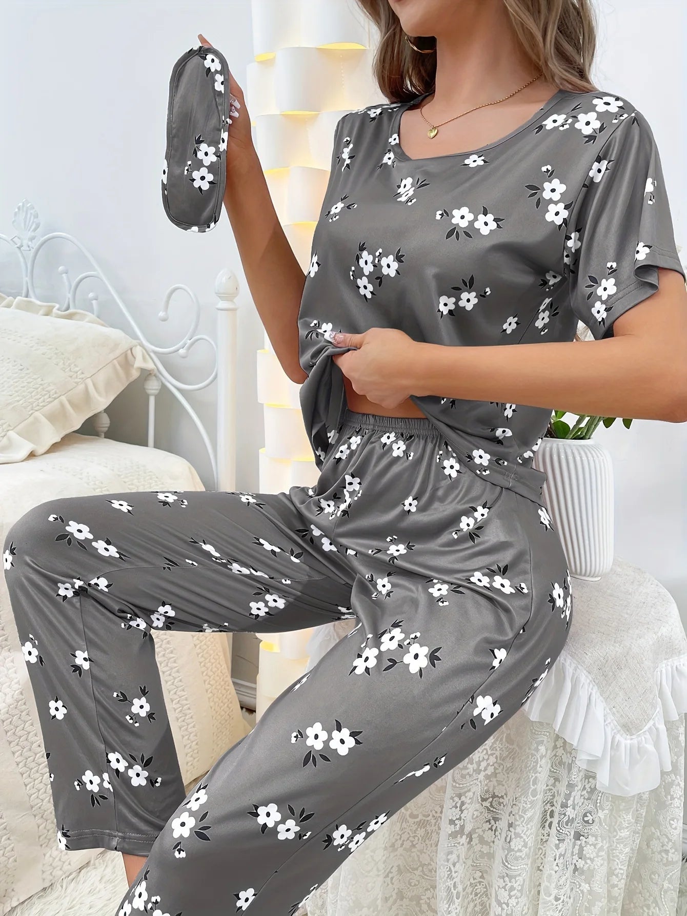Women's Three - Piece Pajama Set Elastic Waist Full Print Milk Silk Short Sleeve Long Pants Neck - Zeprah