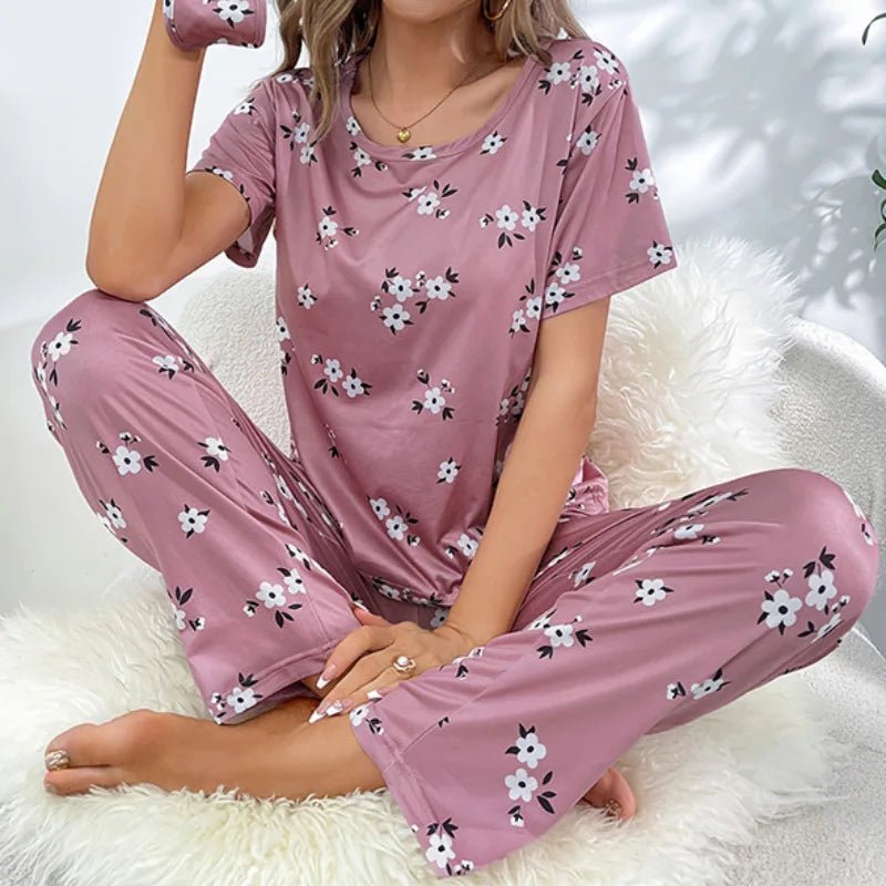Women's Three - Piece Pajama Set Elastic Waist Full Print Milk Silk Short Sleeve Long Pants Neck - Zeprah