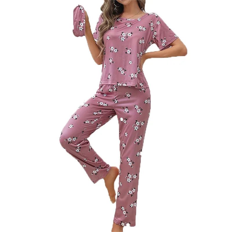 Women's Three - Piece Pajama Set Elastic Waist Full Print Milk Silk Short Sleeve Long Pants Neck - Zeprah