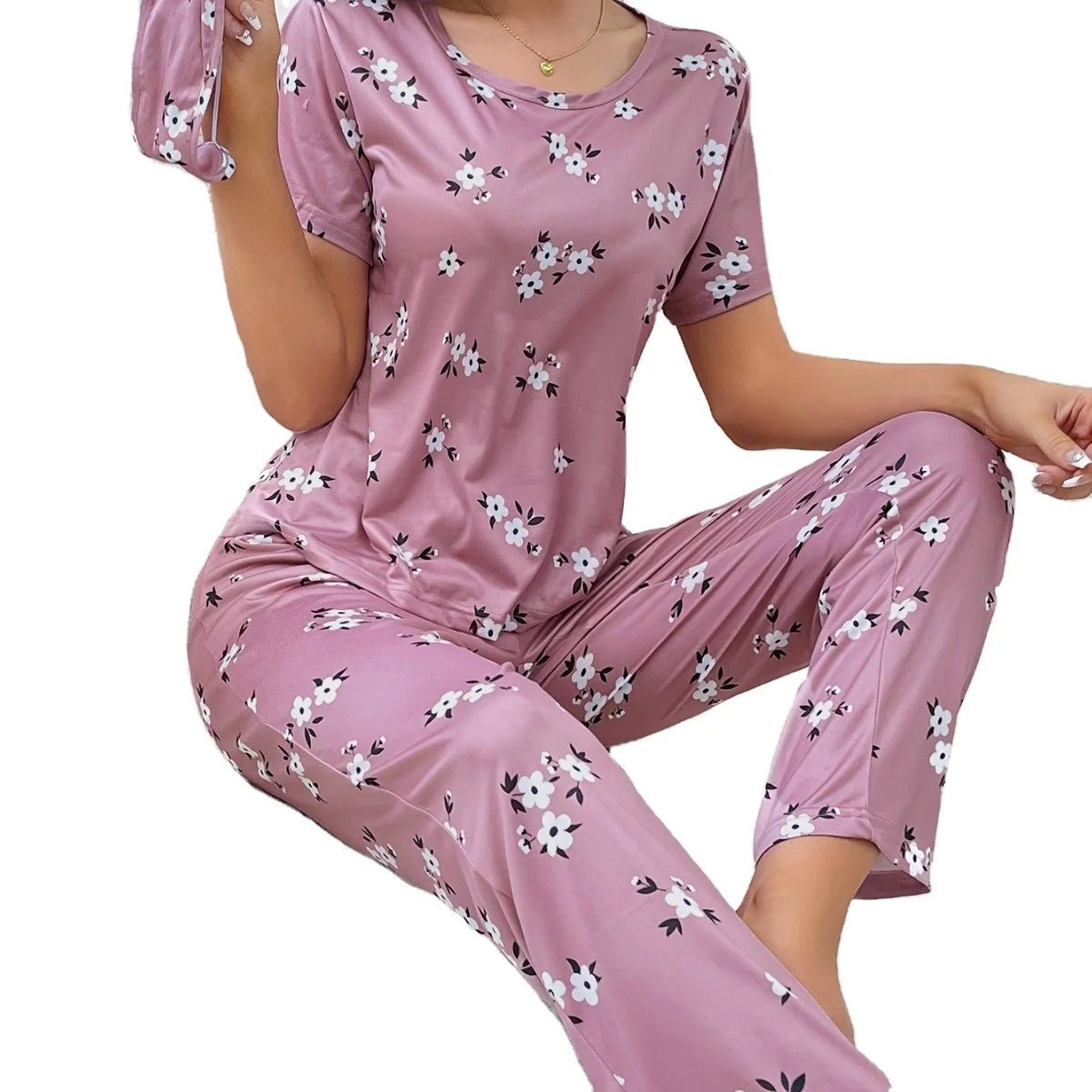 Women's Three - Piece Pajama Set Elastic Waist Full Print Milk Silk Short Sleeve Long Pants Neck - Zeprah