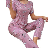 Women's Three - Piece Pajama Set Elastic Waist Full Print Milk Silk Short Sleeve Long Pants Neck - Zeprah
