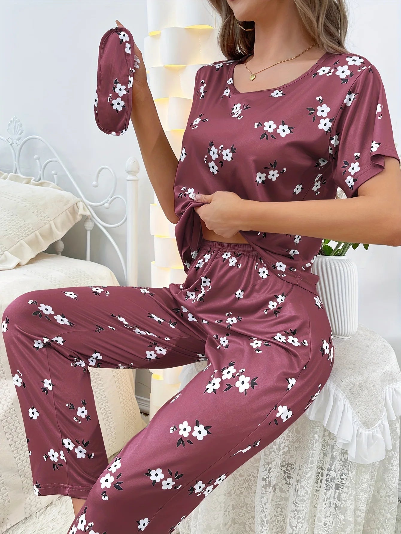 Women's Three - Piece Pajama Set Elastic Waist Full Print Milk Silk Short Sleeve Long Pants Neck - Zeprah