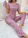 Women's Three - Piece Pajama Set Elastic Waist Full Print Milk Silk Short Sleeve Long Pants Neck - Zeprah