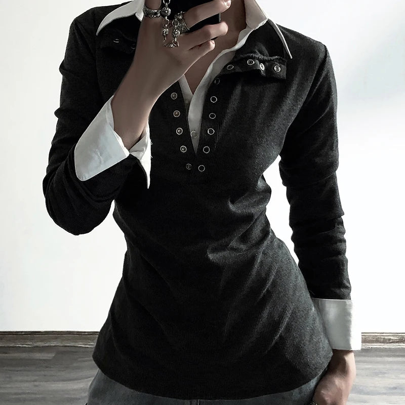 Women's Turn - down Collar Solid Knit Top Long Sleeve Casual Office Wear Shirt Winter - Zeprah