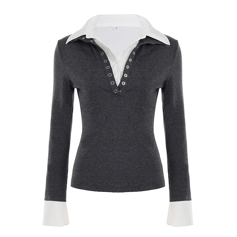 Women's Turn - down Collar Solid Knit Top Long Sleeve Casual Office Wear Shirt Winter - Zeprah