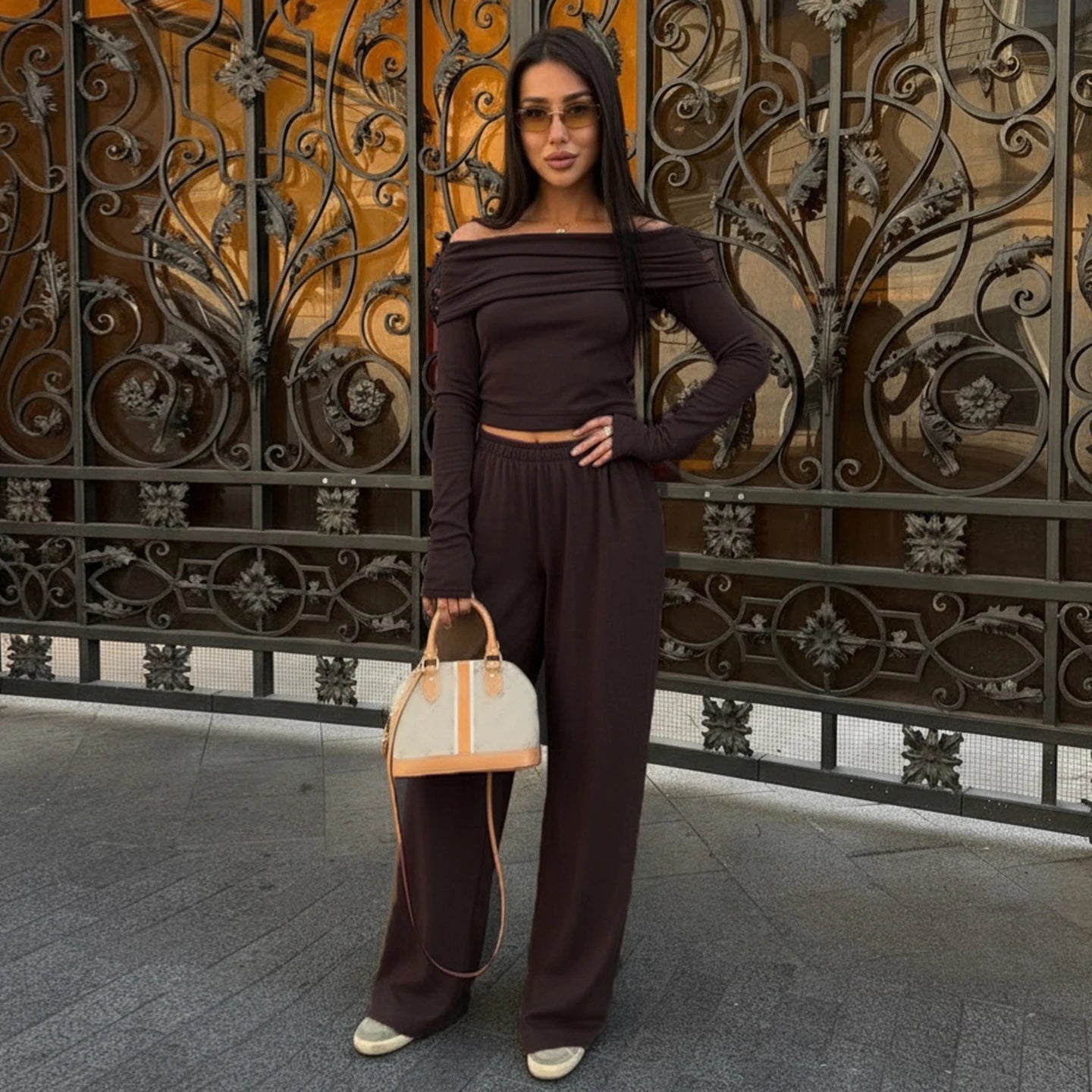 Women's Two Piece Set Long Sleeve Off Shoulder Top and Straight Leg Pants Solid Color Minimalist Elastic Waist Casual Loungewear - Zeprah