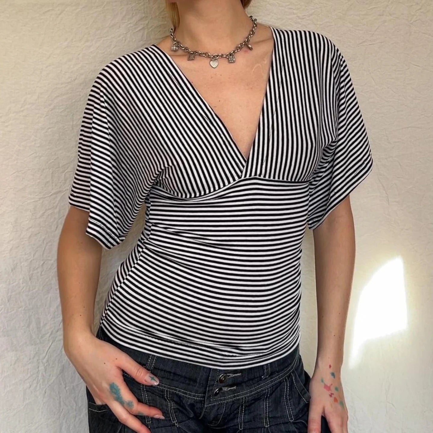 Women's V - Neck High Waisted Slim Fit Casual Short Sleeve T-Shirt - Summer Eco - Friendly Digital Printing - Zeprah