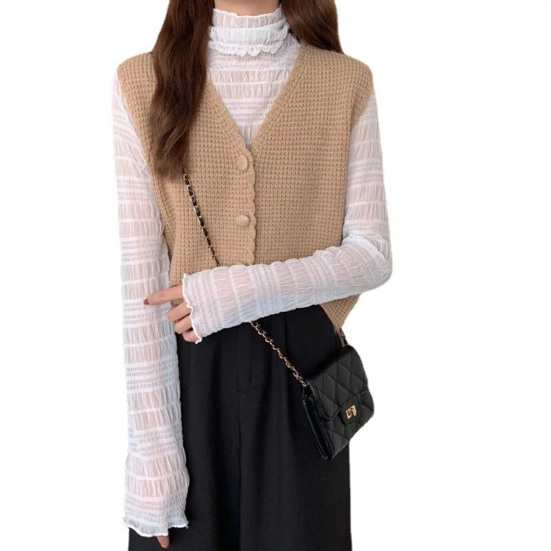 Women's V - neck Knitted Waistcoat Spring Autumn New Design Sense Short Loose Ladies Cardigan Sweater Vest - Zeprah