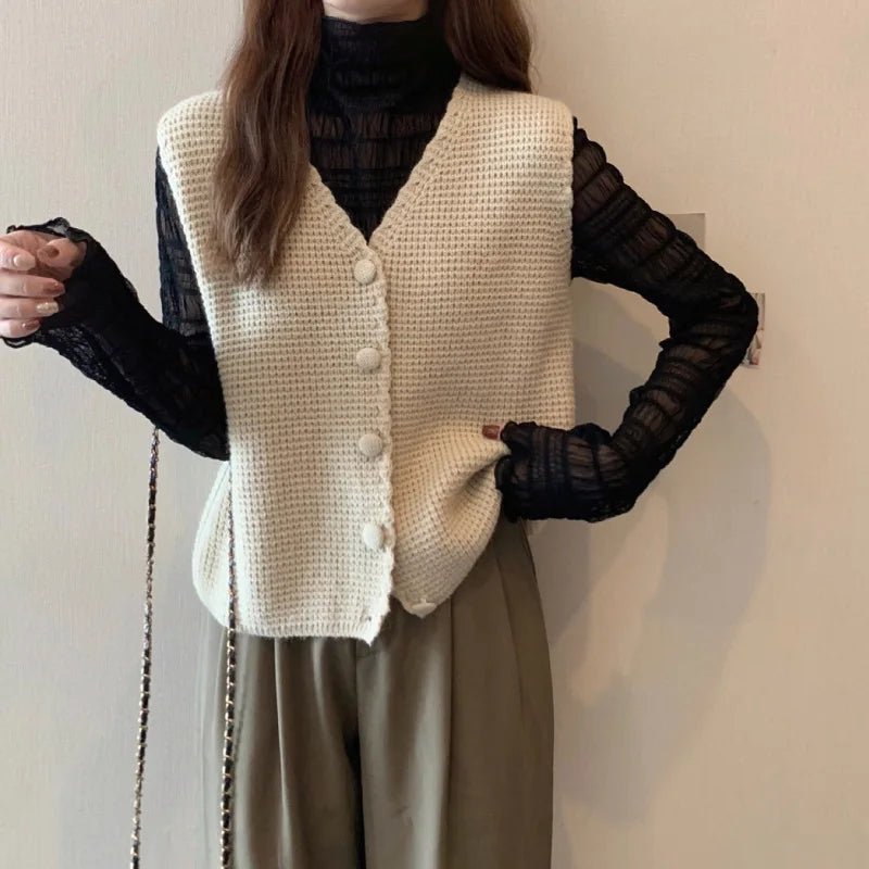 Women's V - neck Knitted Waistcoat Spring Autumn New Design Sense Short Loose Ladies Cardigan Sweater Vest - Zeprah