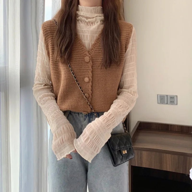 Women's V - neck Knitted Waistcoat Spring Autumn New Design Sense Short Loose Ladies Cardigan Sweater Vest - Zeprah