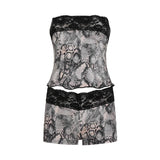 Women's Vintage Gothic 2 - Piece Set Animal Print Lace Trim Stretchy Knit Sleeveless Bustier Knee Short Leggings Night Outfit - Zeprah