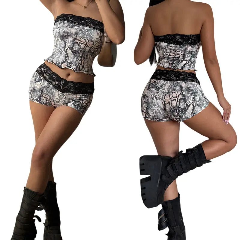 Women's Vintage Gothic 2 - Piece Set Animal Print Lace Trim Stretchy Knit Sleeveless Bustier Knee Short Leggings Night Outfit - Zeprah