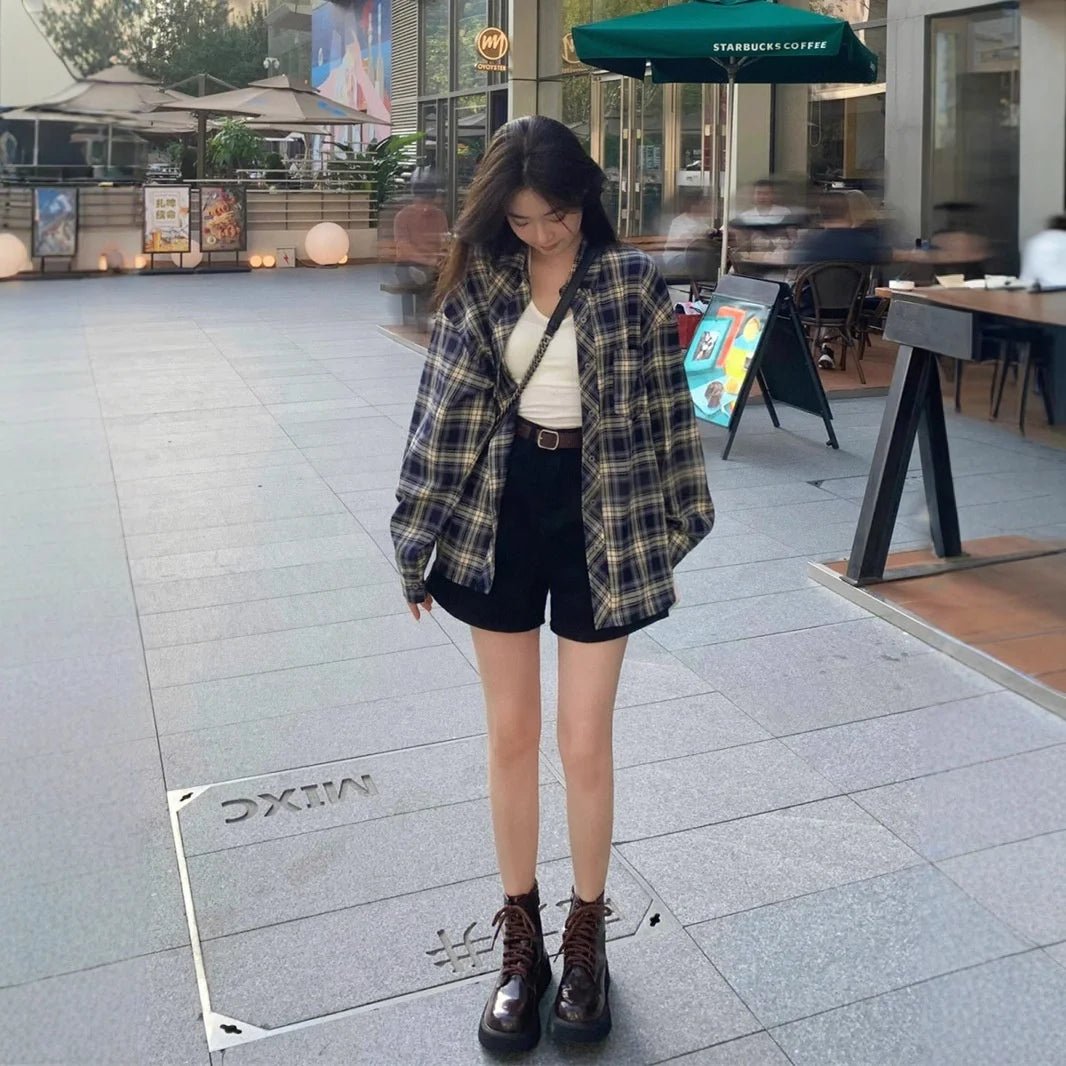 Women's Vintage Slouchy Plaid Shacket Wholesale Spring Fall Loose Casual Long - Sleeve Shirt Jacket - Zeprah