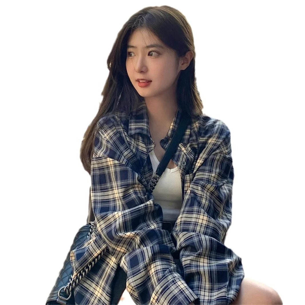 Women's Vintage Slouchy Plaid Shacket Wholesale Spring Fall Loose Casual Long - Sleeve Shirt Jacket - Zeprah