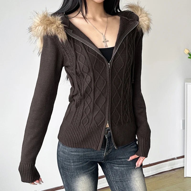 Women's Vintage Windproof Knit Cardigan Fall Winter Y2K Brown Patchwork Zipper Hoodie Warm Jacket Wholesale - Zeprah