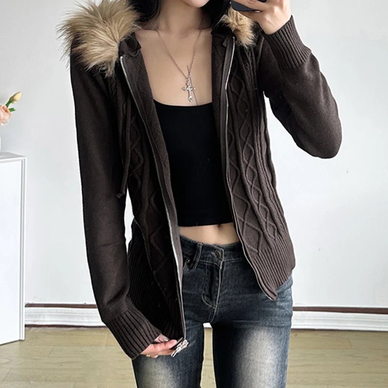 Women's Vintage Windproof Knit Cardigan Fall Winter Y2K Brown Patchwork Zipper Hoodie Warm Jacket Wholesale - Zeprah