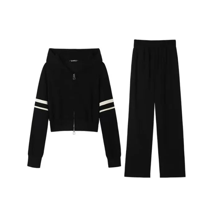 Women's Waffle - Knit Cardigan Hoodie Set Autumn New Arrival Short Casual Outerwear & Wide - Leg Sweatpants 2 - Piece Outfit - Zeprah