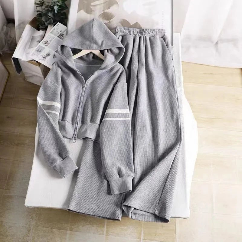 Women's Waffle - Knit Cardigan Hoodie Set Autumn New Arrival Short Casual Outerwear & Wide - Leg Sweatpants 2 - Piece Outfit - Zeprah