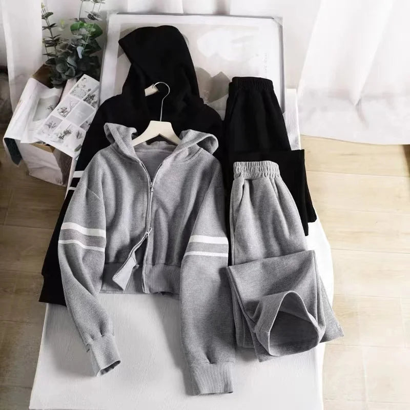 Women's Waffle - Knit Cardigan Hoodie Set Autumn New Arrival Short Casual Outerwear & Wide - Leg Sweatpants 2 - Piece Outfit - Zeprah