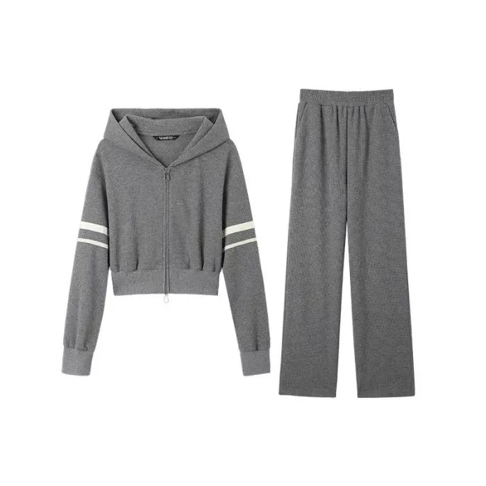 Women's Waffle - Knit Cardigan Hoodie Set Autumn New Arrival Short Casual Outerwear & Wide - Leg Sweatpants 2 - Piece Outfit - Zeprah