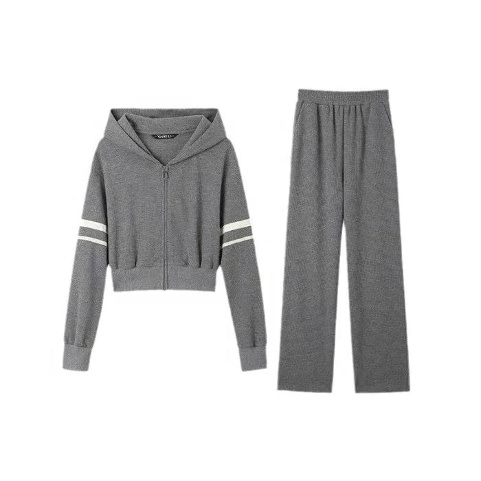 Women's Waffle - Knit Cardigan Hoodie Set Autumn New Arrival Short Casual Outerwear & Wide - Leg Sweatpants 2 - Piece Outfit - Zeprah