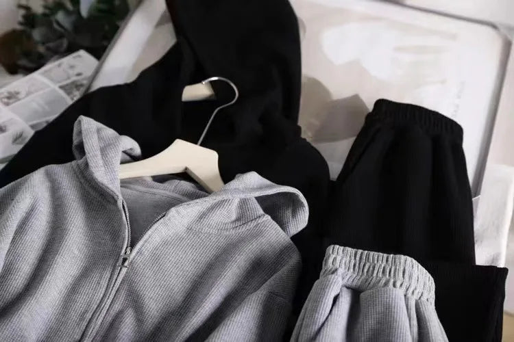 Women's Waffle - Knit Cardigan Hoodie Set Autumn New Arrival Short Casual Outerwear & Wide - Leg Sweatpants 2 - Piece Outfit - Zeprah