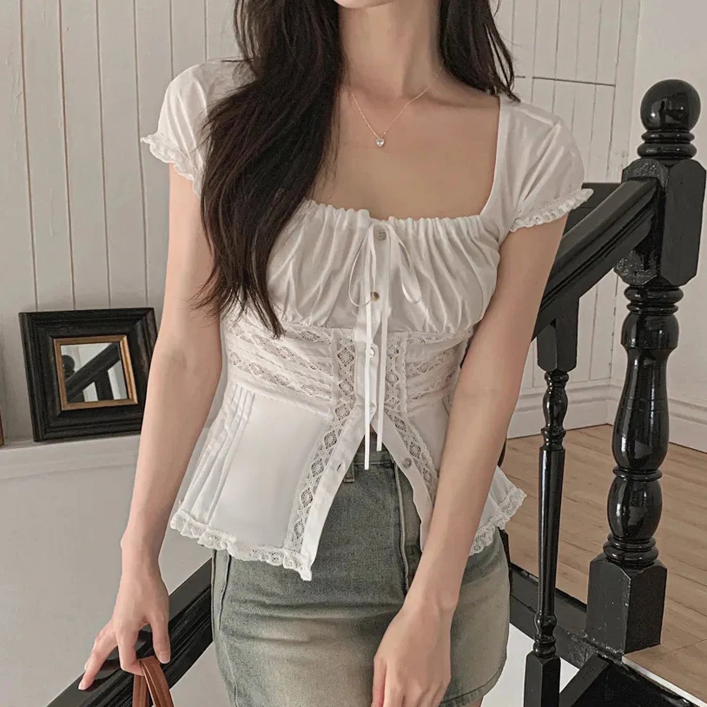 Women's White Lace Breathable Patchwork Sweet Knitted Blouse Square Neck Short Sleeve Tank Tops Ribbons Elegant Dating - Zeprah