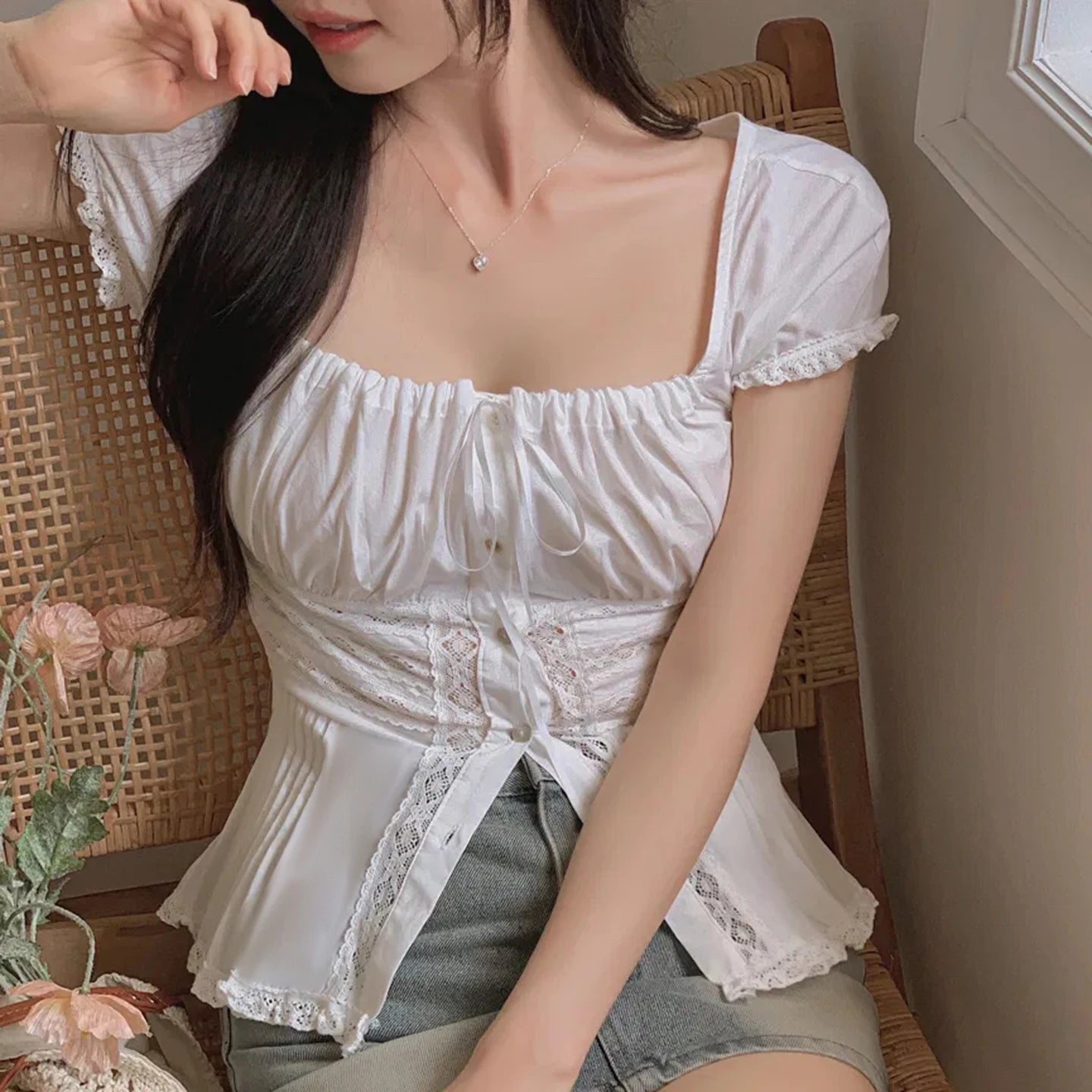 Women's White Lace Breathable Patchwork Sweet Knitted Blouse Square Neck Short Sleeve Tank Tops Ribbons Elegant Dating - Zeprah