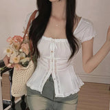 Women's White Lace Breathable Patchwork Sweet Knitted Blouse Square Neck Short Sleeve Tank Tops Ribbons Elegant Dating - Zeprah